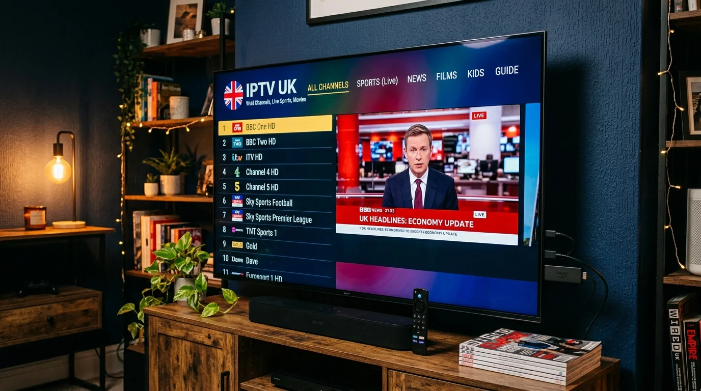Amazon Firestick showing IPTV UK Elite channels menu