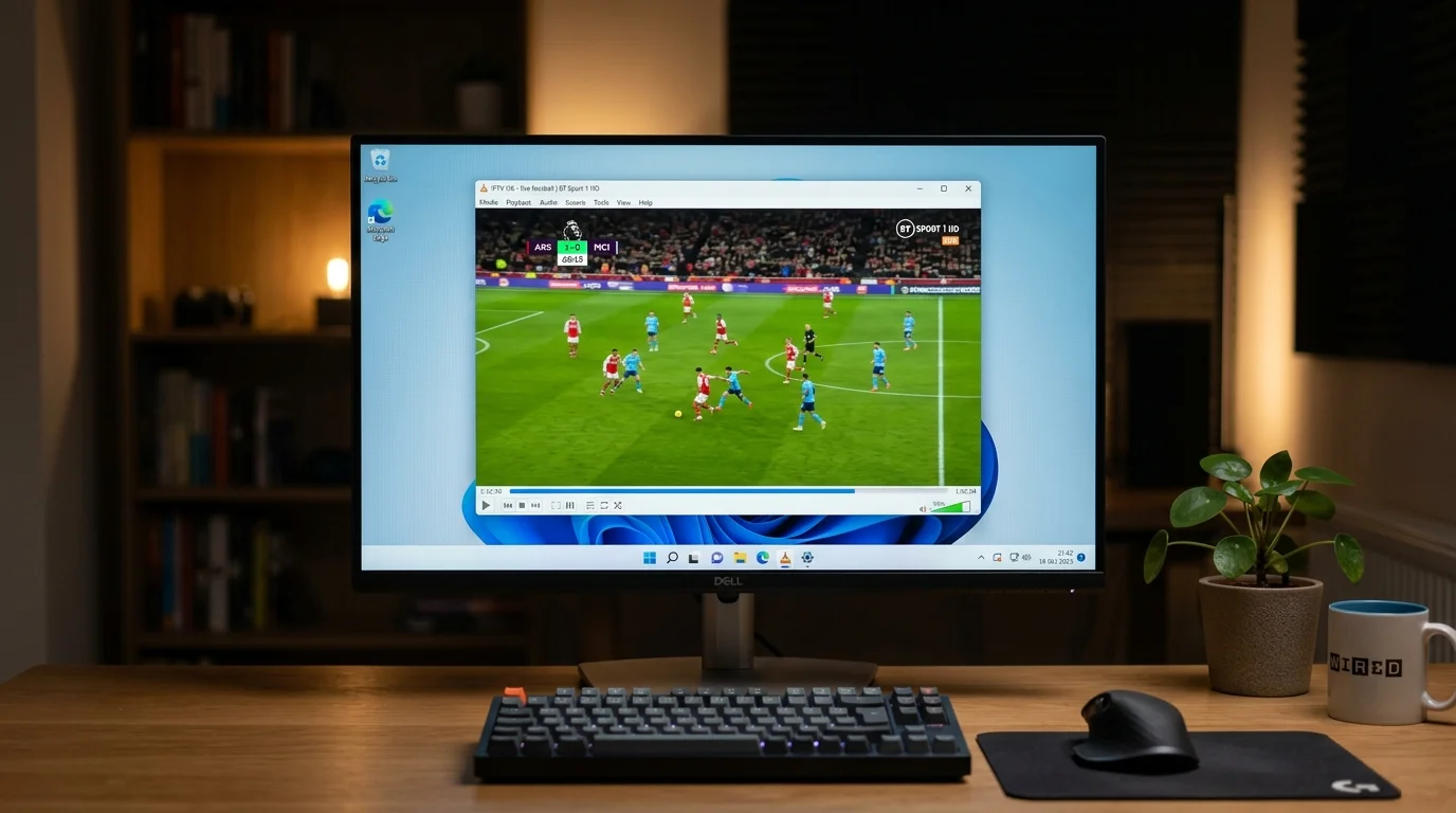 Windows 11 PC showing IPTV UK channels in VLC player