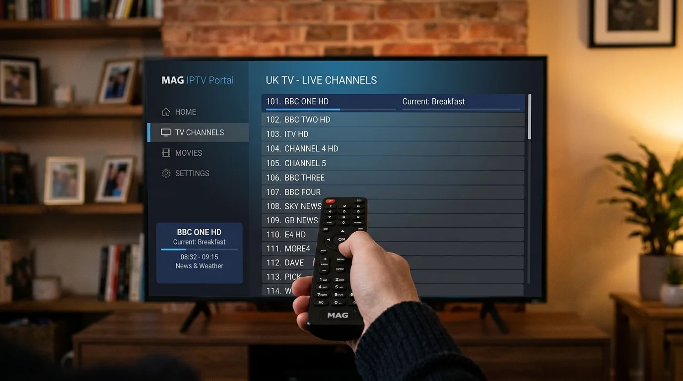 MAG box showing UK IPTV portal with channel list